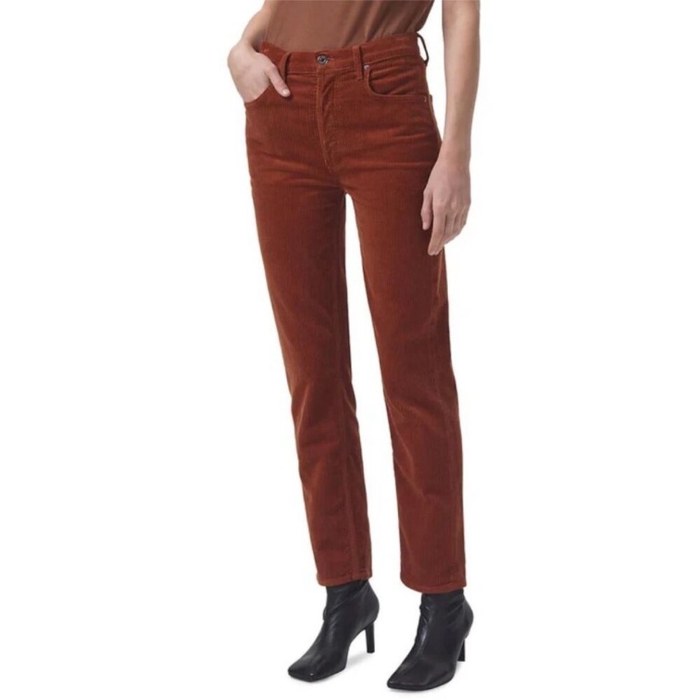 NWT AGOLDE Riley Long High Rise Straight Leg Corduroy Jean Pant Saddle Brown 25